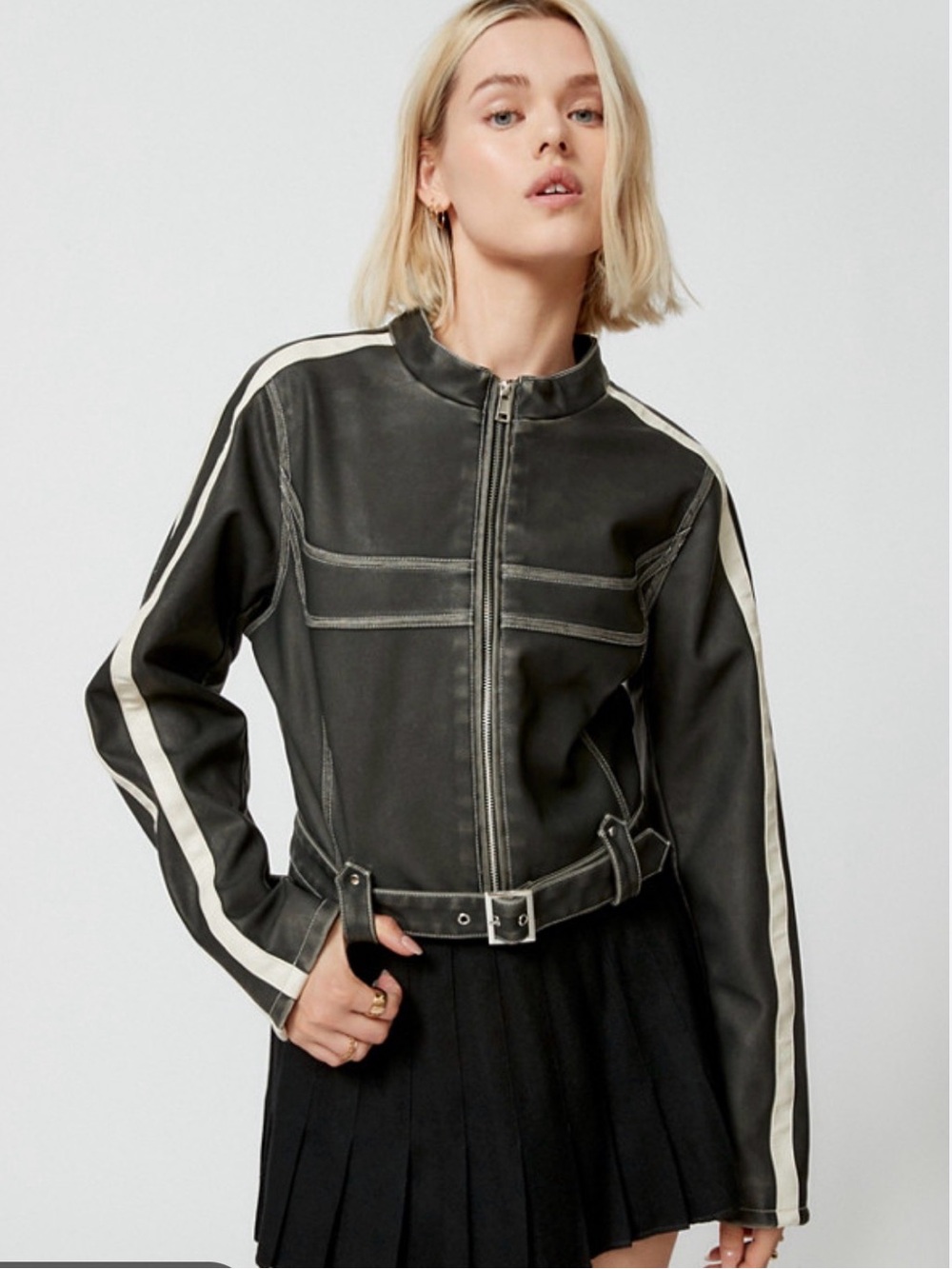 Black Leather Moto Jacket with Cream Racing Stripes